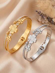 2pcs/1pc Lucky Grass 3D Flower Spring Bracelet Stainless Steel Plated 18K Gold Buckle Women's Decorative Bracelet - Multicolor - View 1