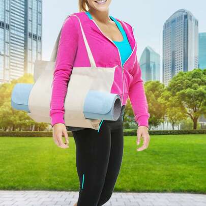 1 pieza Bolsa de yoga con bolsillo organizador para esterilla de yoga, bolsa tote resistente al desgaste y duradera, bolsa de almacenamiento de poliéster beige, bolsa de gimnasio impermeable y plegable con bolsillo interior, para danza/oficina/ejercicio/pilates/viaje/playa/natación y bolsa de mano/hombro tipo hobo para gimnasio