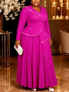AOMEI Elegant Luxury Plus Size Women Fuchsia Church Fall/Winter Long Dress V-Neck Irregular Ruffle,Beaded Rhinestone Pleated Formal Evening Gown - Hot Pink - View 7