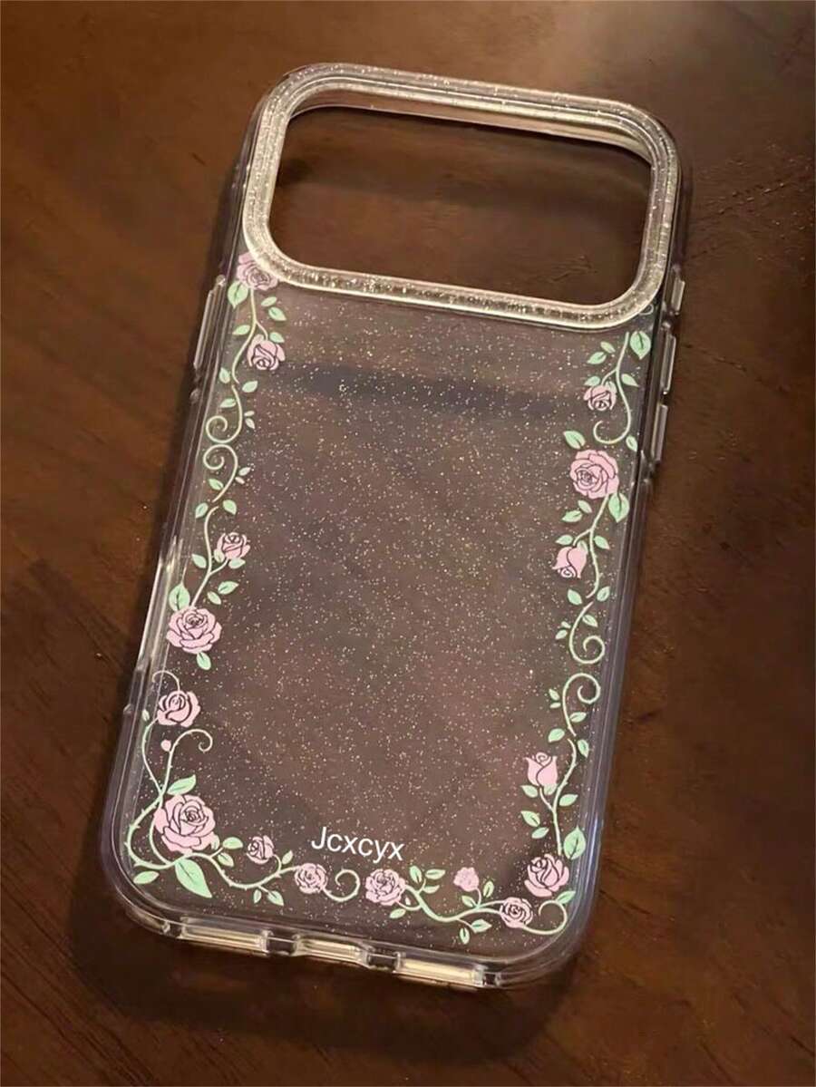 Casing Ponsel Minimalis Bergaya dengan Hiasan Kilauan dan Pola Mawar, Kompatibel dengan iPhone 18 17 Pro Max 18 17 Pro 17 16 Pro Max 15 14 13 12 Pro Max, Pelindung Lensa dan Penutup Belakang. - Clear - View 1