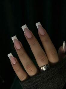 24pcs White French Minimalist Coffin Shaped Nail Stickers, Suitable For Daily Wear, Includes 1 Nail File + 1 Jelly Glue - Multicolor - View 8
