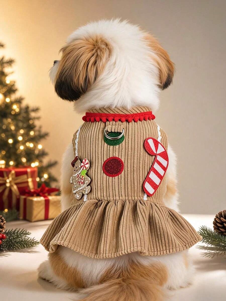 PETCIRCLE 1件寵物衣服 小狗幼犬貓用 可愛寵物奢華優雅風保暖拍照裙 拐杖薑餅人裙 - 彩色 - 查看 1