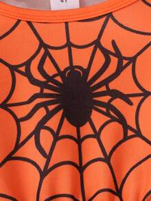 Young Girls Spider Web Flutter Sleeve Dress, Polka Dot Mesh Tulle A-Line Fall Casual Party Dress - Orange - View 7