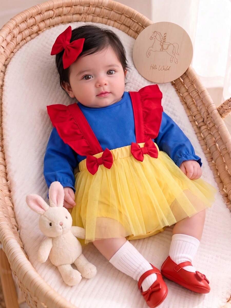 Bodysuit Kasual Anak Perempuan Model Terbaru Musim Gugur yang Serbaguna dan Lucu dengan Blok Warna Dopamin, Hiasan Pita di Bagian Bawah, Kain Jala, dan Ikat Rambut yang Serasi, Cocok untuk Dipakai di Luar Ruangan - MultiWarna - View 1