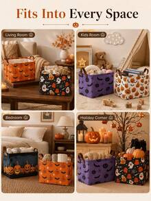 Halloween Style, Rectangular Pumpkin Bat Print, Dual Handle Storage Organizer Bin For Toys Blankets Books, Home Party Living Room Autumn Season. - Multicolor - View 6
