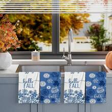 2/4/48pcs Autumn Series Blue Hello Fall Floral Print Kitchen Towels - Ultra Soft, Highly Absorbent Polyester Dish Cloths And Hand Towels, Perfect For Holiday Decor, Kitchen Decor, Party Decor - Multicolor - View 4