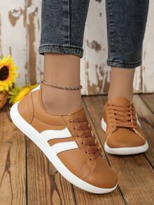 Women's Plus Size Wide Toe Box Minimalist Faux Leather Sports Shoes With Side Double Stripe Decor, Front Lace-Up Barefoot Style, Suitable For Outdoor Sports - Brown - View 3