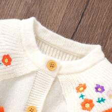 Infant Knitted Romper, Baby Girl Handmade Embroidered Floral Collar Romper, Bow Long Sleeve Ruffle Cuff Crawl Suit - Beige - View 7