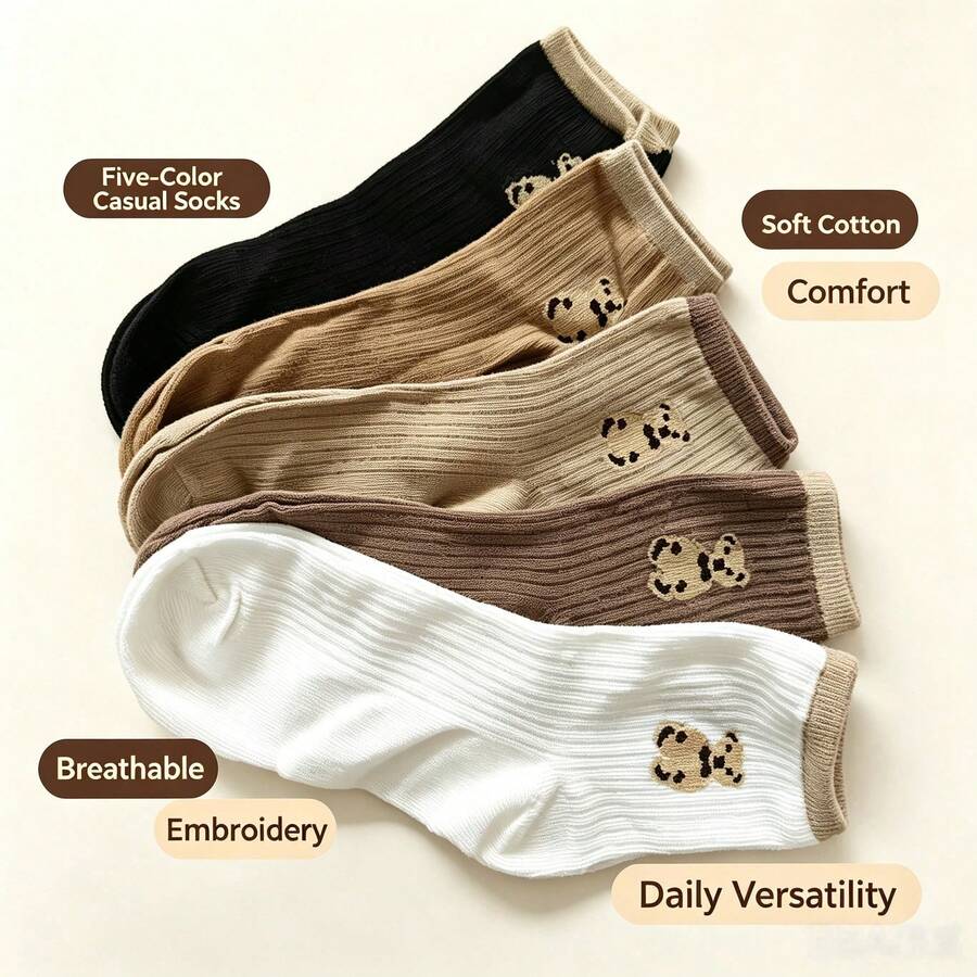 5/10 Pairs Cartoon Bear Pattern Sports Socks, Comfortable And Cute Mid-Calf Socks, Women's Socks - Multicolor - View 1