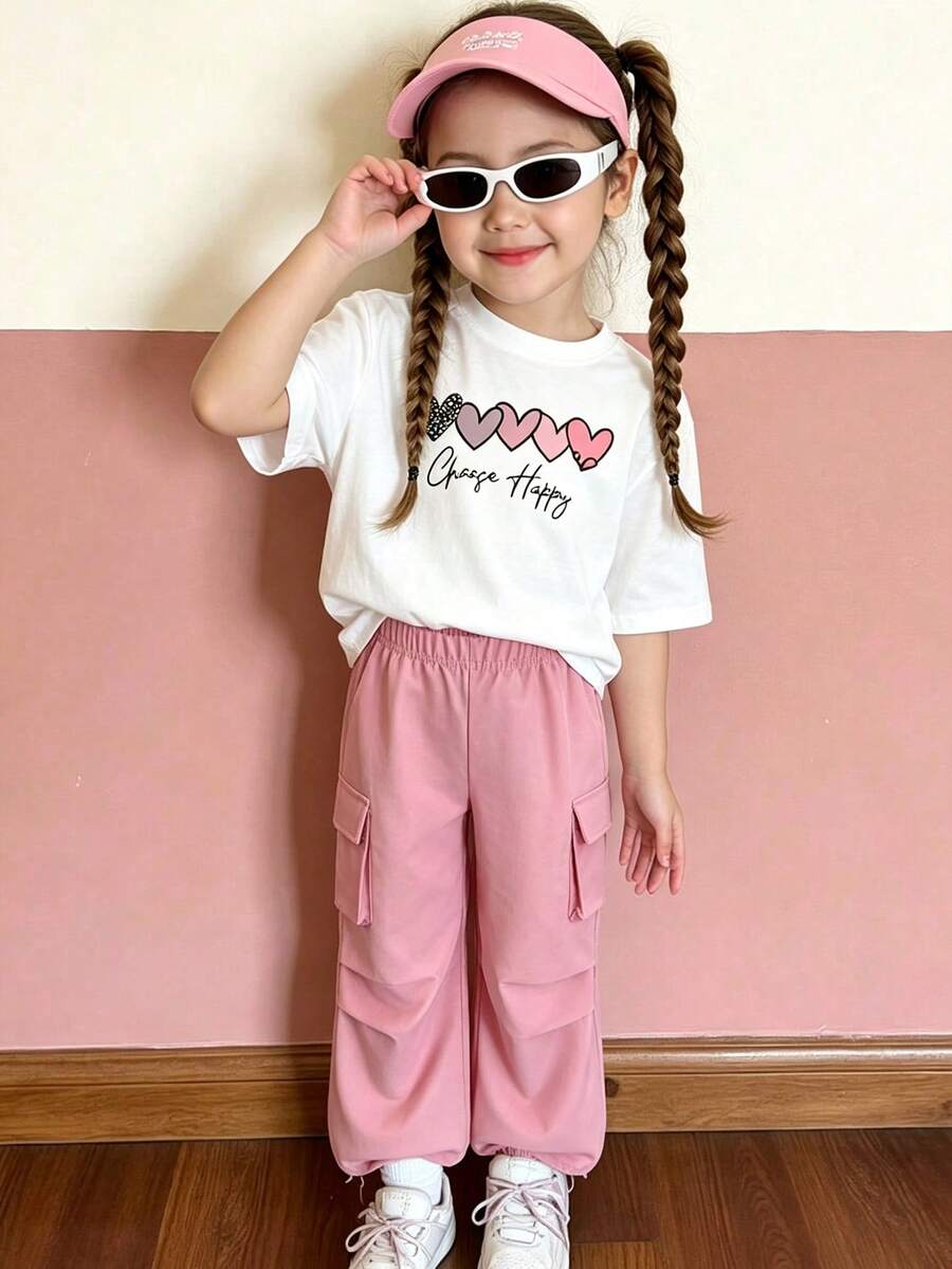 Conjunto de top de manga corta con cuello redondo y estampado de dibujos animados para niña joven y pantalones cargo - Blanco - Ver 1