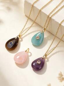1pc Water Drop Crystal Pendant Necklace For Women Healing Energy Gold Color Stainless Steel Chain Amethyst Summer Jewelry Gift H932 - Necklace - View 3