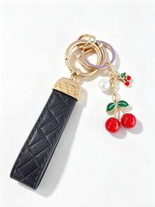 1pc Unisex Red Plaid Keychain + Cute Cherry Pendant, Zinc Alloy Minimalist Style PU Leather Strap Key Ring, Suitable For Various Keys And Car Keys, Small Gift For Family And Friends - A - View 13