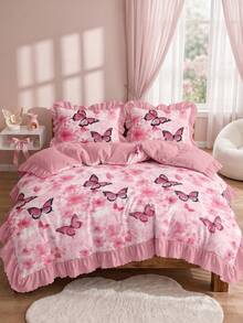 2/3pcs Ruffle Duvet Cover Set, Dorm Bedding, Pink Floral Bedding Set, Cozy Room Decor, Skin-Friendly Breathable, Ultra Soft Anti-Pilling, No Duvet Insert Included, Suitable For Single/Double/Queen/King Bed, All Season, Machine Washable, Back To School - Multicolor - View 6