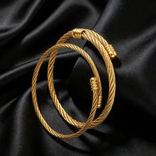 2pcs/Set Fashion Classic Stainless Steel 18K Gold Plated Button Pattern Wire Couple Bracelets, Unisex, Suitable For Daily Wear And Party - Gold - View 2