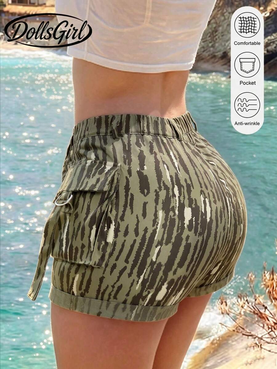Y2K Style Women's Summer Shorts, Elastic Waist With Back Ruffle Pocket Decor, Casual Comfortable Cargo Shorts With Vacation Vibe - Camouflage - View 1