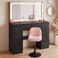 Devoko Modern Vanity Table With Extra Large LED Mirror, 3 Light Colors And Dimmable Brightness, Dressing Table With Glass Top, 9 Drawers, Power Strip And Hair Dryer Holder, White/Black - 查看 2