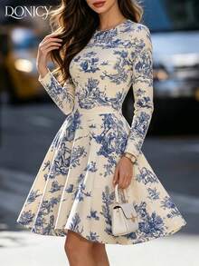DONICY Women's Tovar Pattern Round Neck Long Sleeve A-Line Short Dress, Casual Date Outfit - Multicolor - View 1