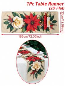 1件花藤聖誕桌旗，聖誕快樂餐桌布，一品紅花卉圖案，183*33cm亞麻桌布，聖誕裝飾，聖誕裝飾品，平安夜裝飾背景，聖誕家居裝飾，聖誕裝飾 - 彩色 - 查看 5