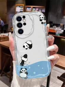 1pc Creamy Big Wave Ins Style Minimalist Cute Cartoon Panda Pattern Phone Case, Milky White Wave Texture Full Coverage Soft Shell Compatible With Samsung, Series Phones - Clear - View 1