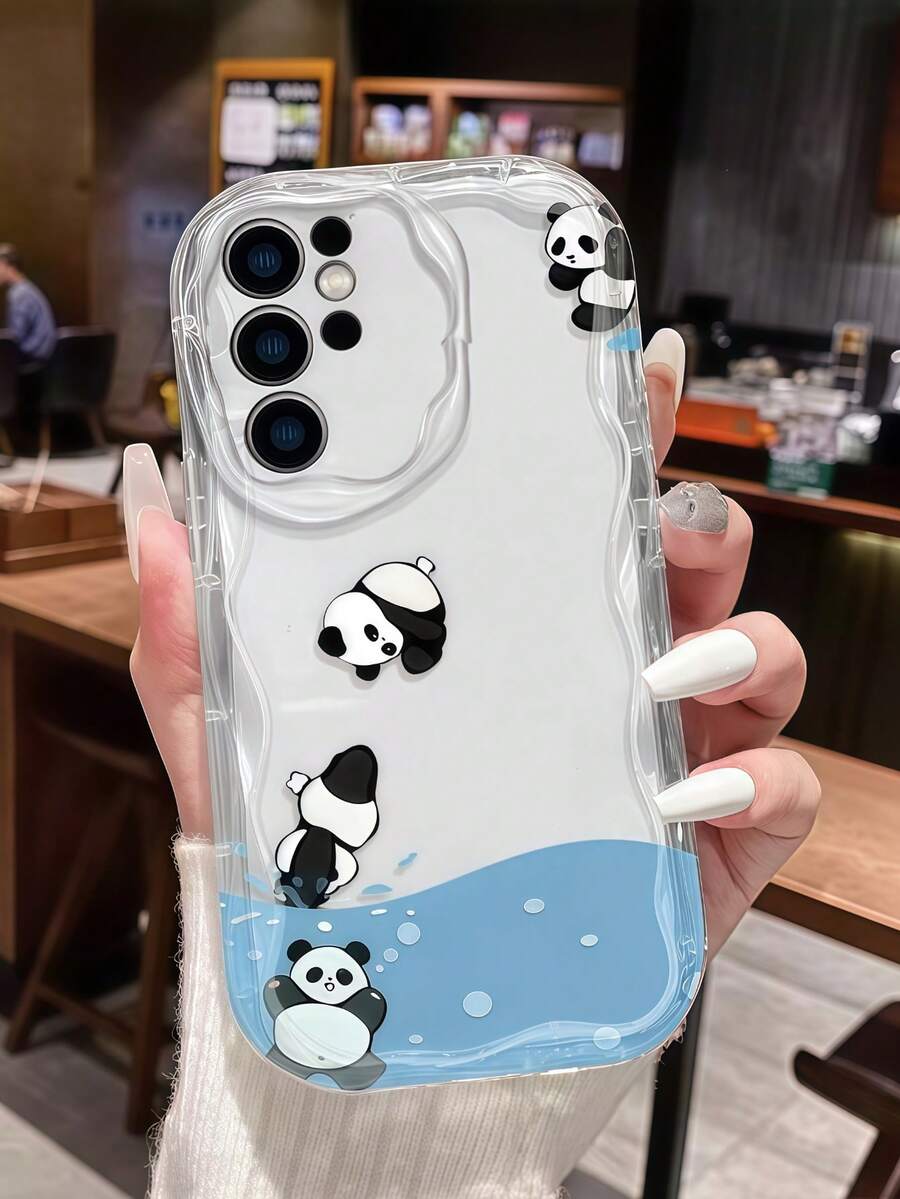 1pc Creamy Big Wave Ins Style Minimalist Cute Cartoon Panda Pattern Phone Case, Milky White Wave Texture Full Coverage Soft Shell Compatible With Samsung, Series Phones - Clear - View 1