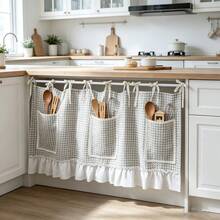 1pc Vintage Buffalo Check Curtain Fabric With Pocket - Country Style Half Curtain/Cover, With Snap Buttons, Suitable For Dishwasher, Washing Machine Or Kitchen - Multicolor - View 10
