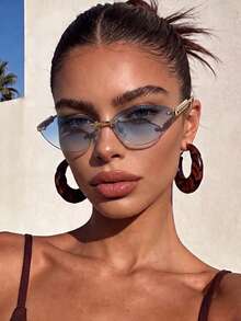 1pc Women's Rimless Edged Triangular Retro Cat Eye Small Frame Oceanic Lens, Rivet Metal Temples Hip-Hop Street Fashion Elegant Unisex Stylish Fashion Glasses, Suitable For Beach, Seaside, Vacation, Travel, Driving, Camping, Outdoor Activities - Multicolor - View 4