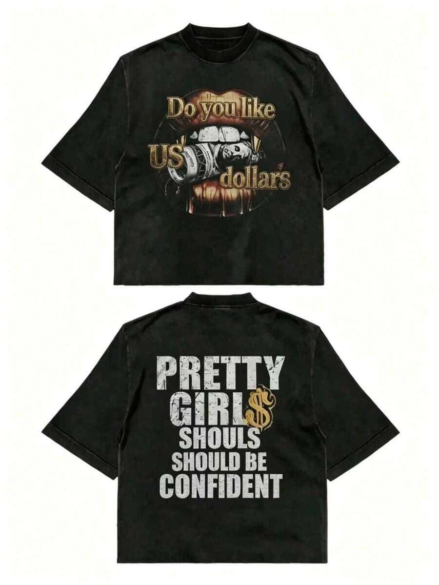 Fly "Do You Like US Dollars" Hip-Hop Flow T-Shirt Pure Cotton Double-Sided Printed T-Shirt, Suitable For Men And Women,Top Summer Casual T-Shirt-L88 - 黑色4 - 查看 1