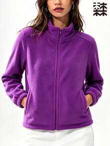 mulinsen Women's Solid Color Fleece Sports Jacket, Stand Collar Zipper Design, Letter Decor, Warm Fabric, Suitable For Hiking And Fitness - Purple - View 2
