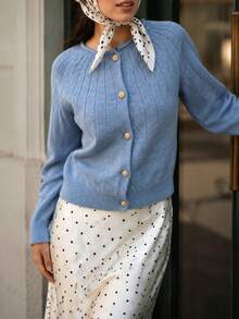 New Autumn/Winter Women's Casual Minimalist Vintage Round Neck Solid Color Knit Cardigan Sweater - Baby Blue - View 4