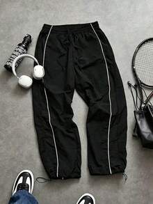 Pantalones casuales de pierna recta para hombre, versátiles y clásicos, con cintura ajustable con cordón para deportes al aire libre - Negro - Ver 1
