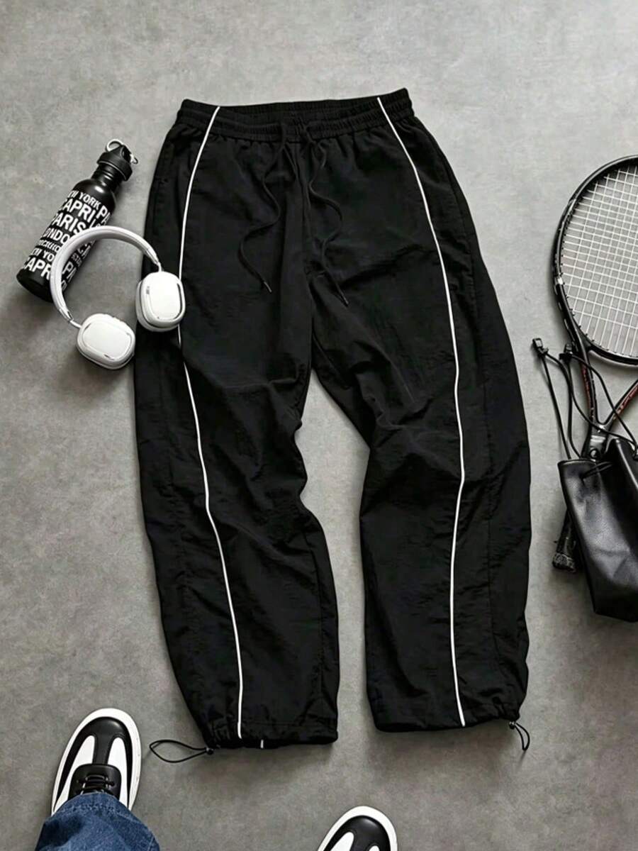Pantalones casuales de pierna recta para hombre, versátiles y clásicos, con cintura ajustable con cordón para deportes al aire libre - Negro - Ver 1