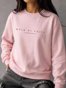 女款秋冬新款寬鬆極簡字母印花休閒時尚百搭圓領衛衣 - 粉色 - 查看 4