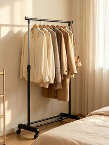 Single/Double Rod Rolling Clothes Rack, Large-Capacity Black Iron Garment Rack, Dimensions 68x40x135 Cm, Equipped With 4 Movable Universal Casters, Mobile Wardrobe Storage Unit, Ideal For Clothing Storage. - Black - View 2