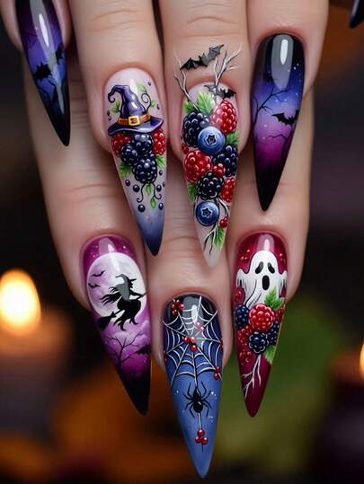 24PCS Hand-Painted Halloween Press On Nails, Witch Berry Cobweb Ghost Bat Design, Purple Blue Gradient Reusable False Nail Tips