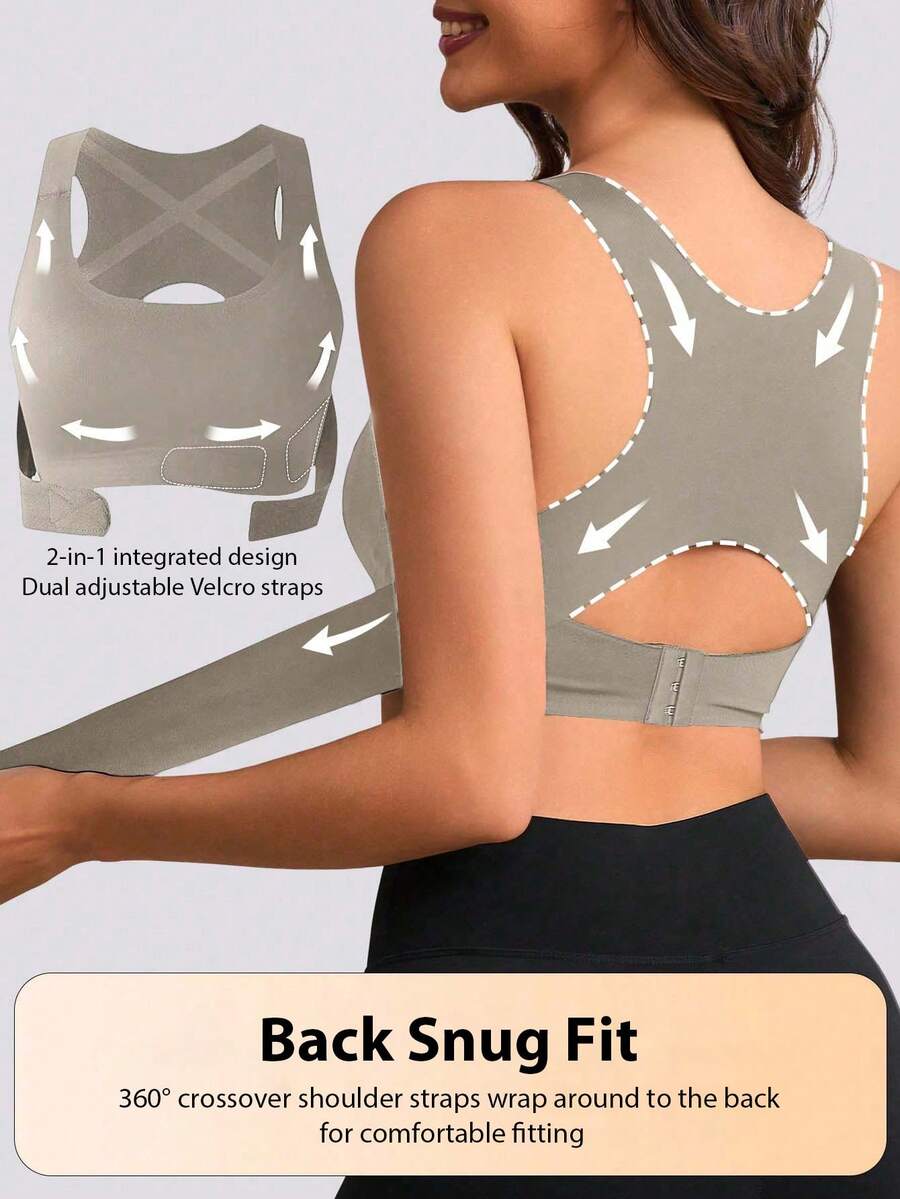 1pc Front-Closure Seamless One-Piece Back-Smoothing 3-In-1 Tank Top With Removable Pads For Sports And Casual Wear, All Seasons