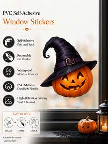 1pc Halloween Witch Hat Jack-O'-Lantern Window Sticker, Self-Adhesive Peel And Stick PVC Window Decal, Waterproof Removable Cute Pumpkin Glass Door Decor For Kitchen Kids Room & Halloween Party Home Decoration - Multicolor 2 - View 5