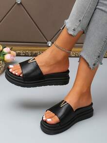Women's Elegant Thick Sole Sandals, Metal Material Beach Slippers, Bohemian Style, Perfect For Dating And Party Occasions - Black - View 3