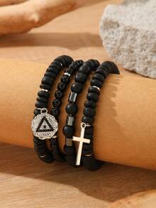 RINTOLER 4pcs/set Vintage Unusual Matte Lava Rock & Wooden Beads With Spacer Elastic Bracelet - ZJ10491 - View 10