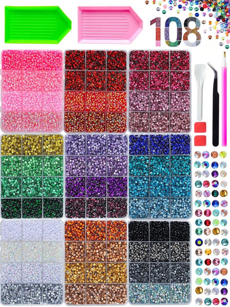 9Box 108-Grid Flat Bottom Rhinestone Set, Rhinestone Kristal Warna Campuran untuk Seni Kuku, Batu Dekorasi Seni Kuku Resin Bulat Aneka Warna, Termasuk Alat Pembuat Titik, Pinset, Baki Rhinestone dan Sendok, Dekorasi Seni Kuku 3D Mengkilap, Aksesoris Seni Kuku DIY - MultiWarna - View 1