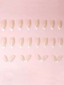 24pcs Long Almond Shape Cream White Gradient French Nail Tips, Acrylic Fake Nails Set, Includes 1pc Jelly Glue And 1pc Nail File - Multicolor - View 4