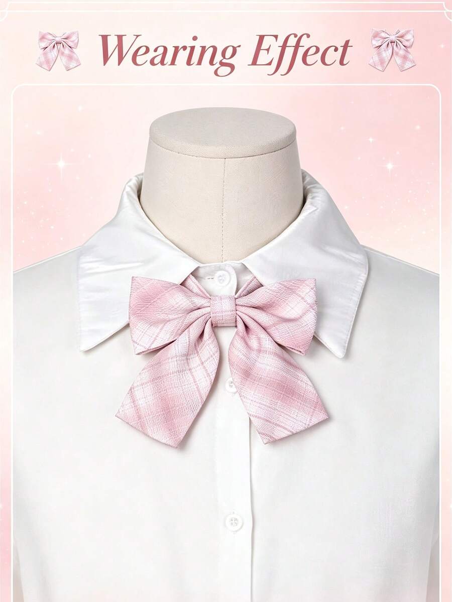 2pcs Girls Pink Striped Bowknot Shirt Blouse Short Collar Tie - Back To School Supplies - Multicolor - View 1