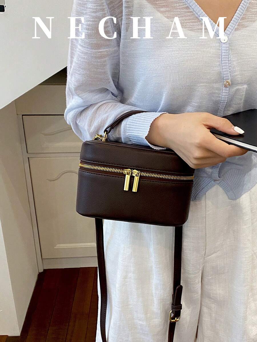 1pc New Fashion PU Patchwork Handheld Lunch Box Bag, Elegant Minimalist Textured Shoulder Bag - Coffee - View 1