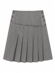 CHUU High Waist Button Pleated Skirt For Women, Autumn College Style Letter Embroidery A-Line Skirt - Grey - View 7