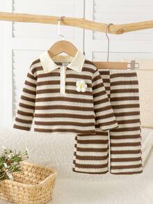 2pcs Baby Girl Vintage Brown Polo Collar Knit Striped Long Sleeve Top And Wide Leg Pants Set, Lightweight For Spring And Autumn - Mocha Brown - View 2