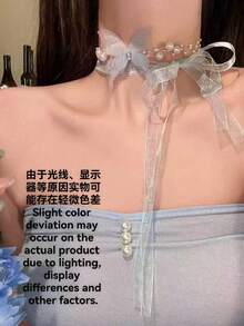 1件装奢华优雅时尚白色蝴蝶仿珍珠项链，精致优雅，适合婚礼、日常佩戴、度假、夏季等场合，珠宝首饰 - 淺藍色 - 查看 5