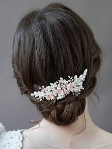 1pc Women's Plaster Flower Core With Rhinestone Leaf Pearl Crystal Bridal Hair Comb Headpiece - Baby Pink - View 3