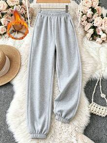 YI XUAN Women's Casual Grey Knitted Fabric Jogger Sweatpants With Pockets, Cropped Length For Sporty Preppy Style, Perfect For Fall Lounging - Light Grey - View 2
