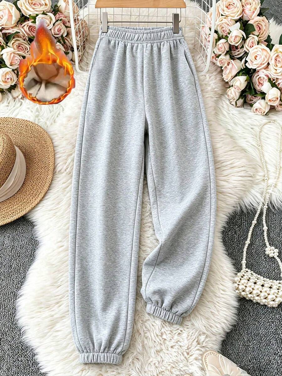 YI XUAN Women's Casual Grey Knitted Fabric Jogger Sweatpants With Pockets, Cropped Length For Sporty Preppy Style, Perfect For Fall Lounging