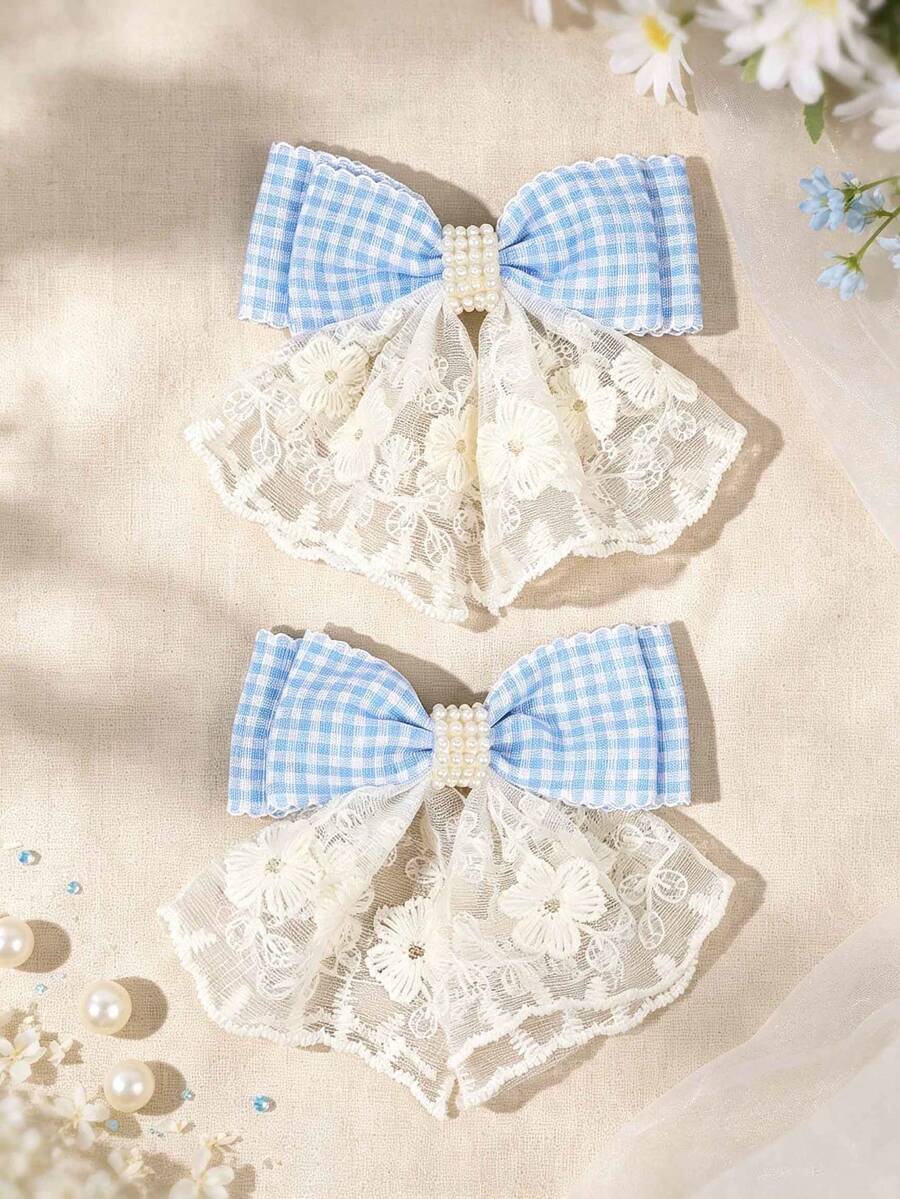 2 buah Jepit Rambut Pita Renda Kotak-kotak Biru dengan Hiasan Bunga Tulle dan Mutiara, Aksesori Rambut Harian yang Manis dan Lembut untuk Pernikahan bagi Anak Perempuan - MultiWarna - View 1