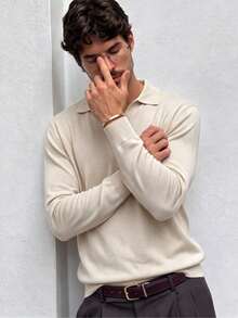 Men's Autumn/Winter Regular Shoulder Airplane Collar Long Sleeve Sweater, Business/Casual Style Top - Apricot - View 4